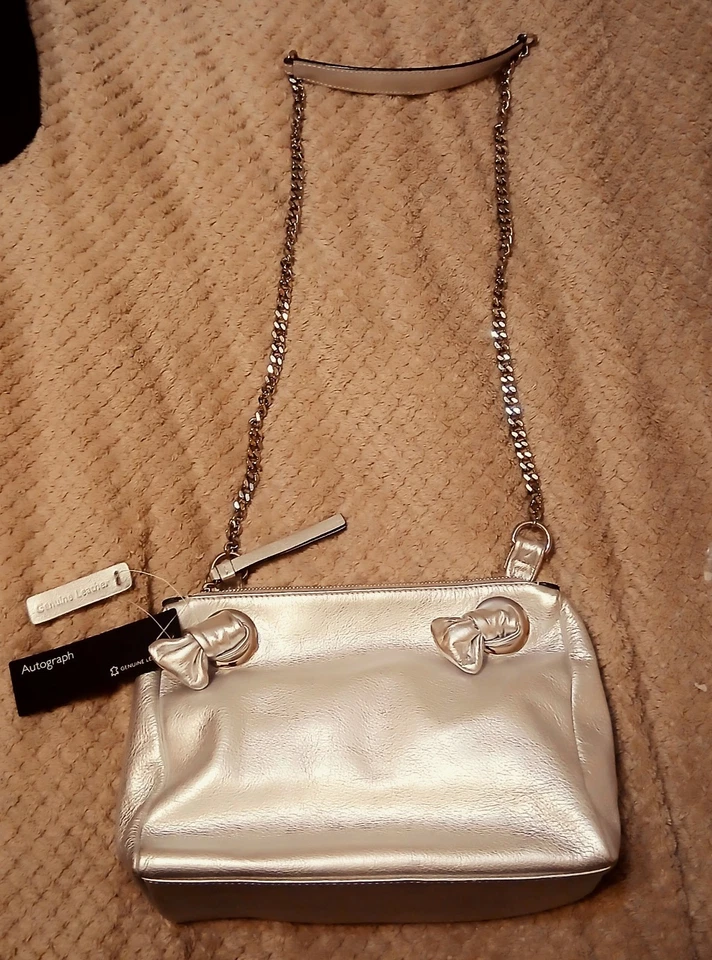 M&S Autograph Genuine Leather Silver Bag with Silver Chain - Image 2 of 4