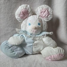 Vintage Fisher Price Baby Puffalump Mouse Plush Rattle Toy Blue White 1988 EUC