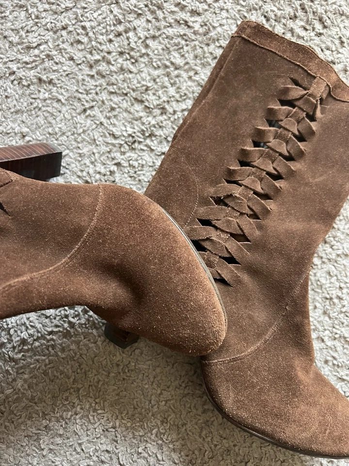 Botas de Gamuza Delman 8.5 Hechas en Italia Tacón Bloque Corte con Tiras Cuero Y2K Para Mujer Foto 4 de 4