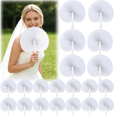 Folding Handheld Fans 20Pcs White Paper Fans Bulk Round Shaped Hand Held Fa...