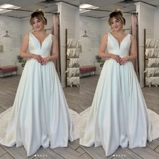 Simple Satin Wedding Dresses Sleeveless Sweep Train A-Line Ruching Bridal Gowns