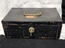 HEAVY DUTY ANTIQUE VINTAGE PAINTED IRON METAL CASH MONEY BOX  & 2 KEYS
