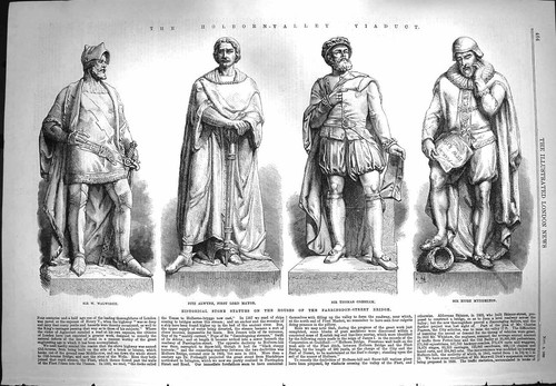 Old Antique Print 1869 Statues Farringdon Walworth Mayor Gresham Science 19th