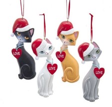 Love Kitty Cats in Santa Hats Christmas Holiday Ornaments Set of 4