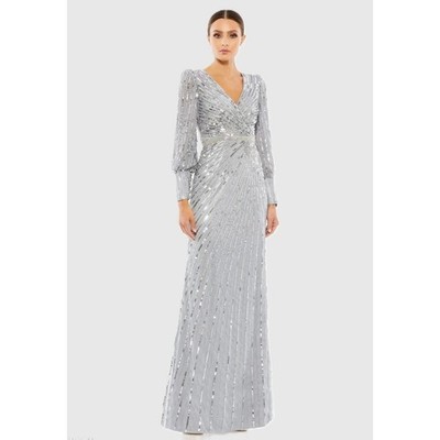 Mac Duggal Silver Sequined Wrap Over Bishop Sleeve Gown - Size 2 - New