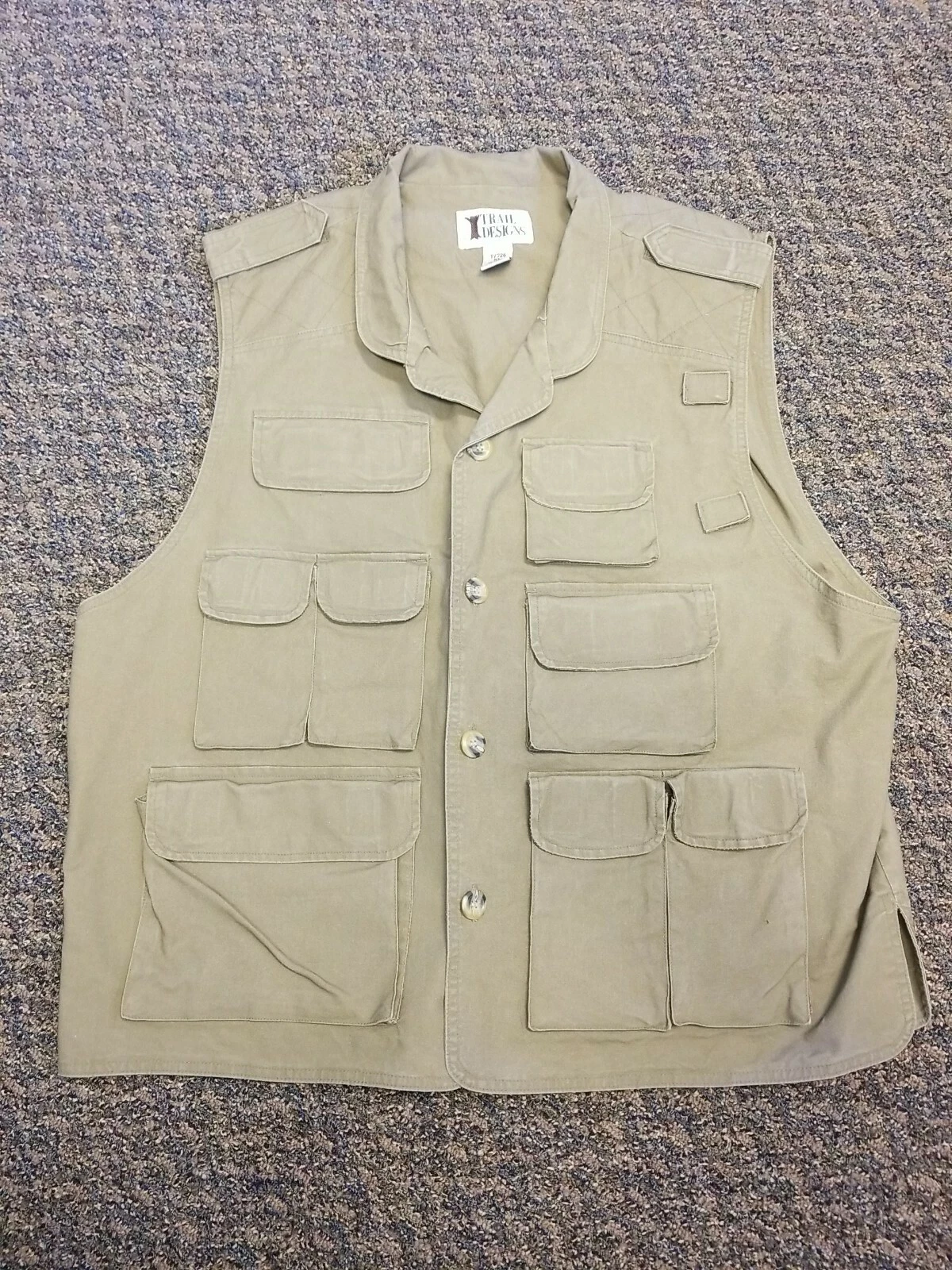 Vtg Trail Designs NWOT Travelers Vest Khaki Brown Cotton Safari Photo Pockets XL