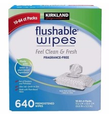 NEW Kirkland 640 Flushable Wipes Fragrance Free Premoistened 10 Packs x 64 Wipes