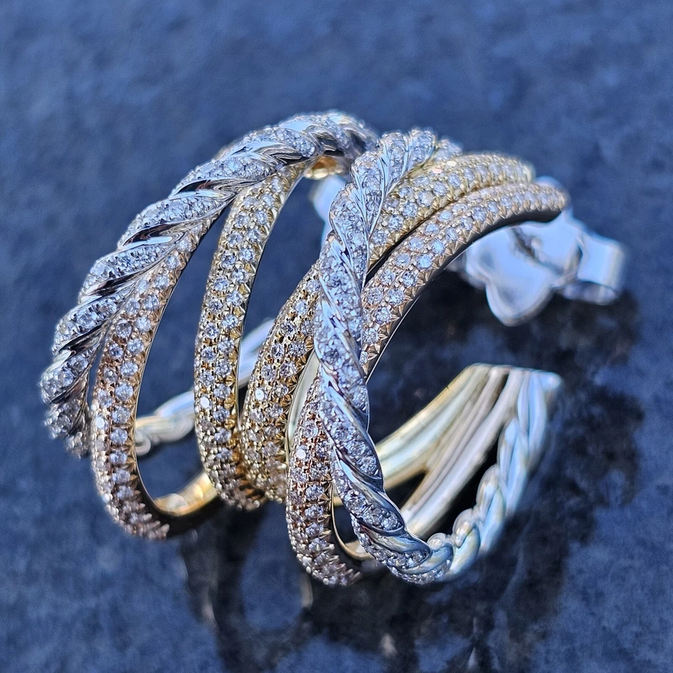 Pendientes de aro de diamantes David Yurman pavé flexible camarones 3 filas 18k rosa blanco $7500 Foto 3 de 4