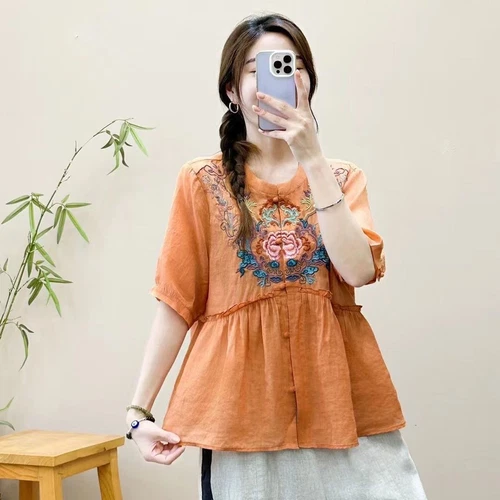 Camicia retrò sciolta etnica cotone lino ricamato top cardigan estivo cinese - Foto 15 di 29