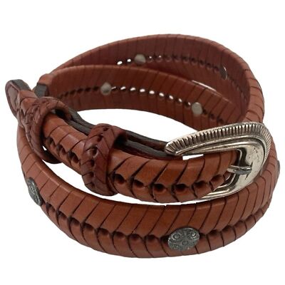 Vintage Brown Leather Belt With Ornate Silver Detail 1993 Vintage 1993 Western Brown Leather Silver Studded Belt Sz 30  main image 4