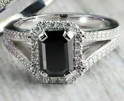 3ct Black Emerald Moissanite Trendy Split Shank Halo Ring 14k White Gold Plated