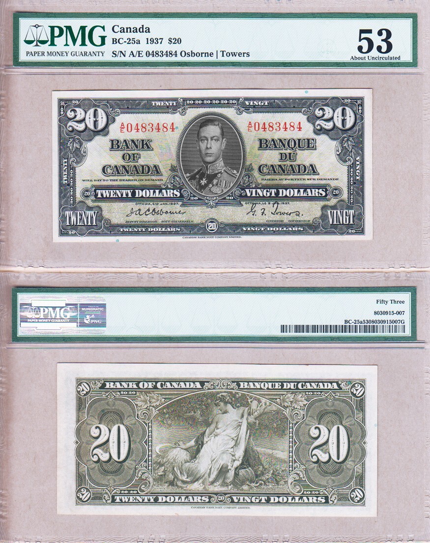 1937 KGVI Bank of Canada 20 in PMG AU53, BC25a Osborne & Towers eBay