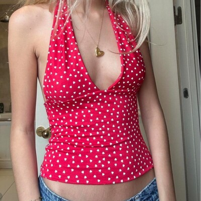 Holiday Style Sexy Polka-Dot Printing Deep V Neck Sling Girlish Cute Halter Tops