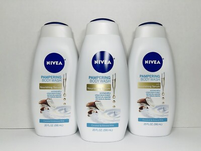 3 NIVEA Pampering Body Wash, Coconut & Almond Milk, with Nourishing Serum, 20 oz