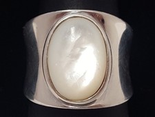 Wide Oval Mother-of-Pearl Sterling Silver Ring Sz 8.25 Bezel Shell PAJ 925 Vtg