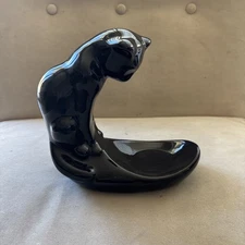 Vintage MCM Royal Haeger Ceramic Black Cat Figures Candle Holder Trinket Tray