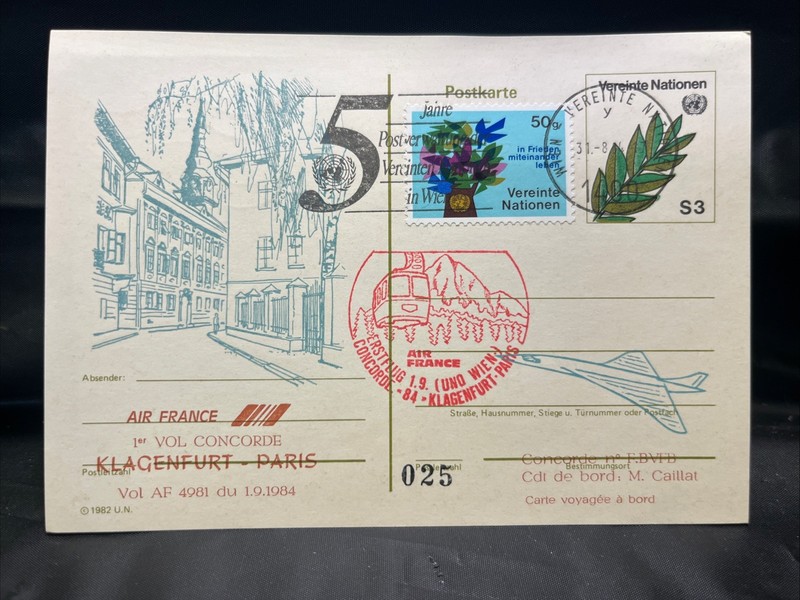 Concorde First Flight Postcard Klagenfurt - Paris 1984 with COA 