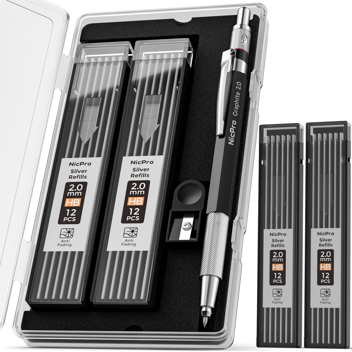 Nicpro 2mm Welder Mechanical Pencil Set with 24PCS Silver 1PCS