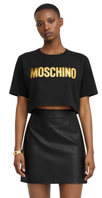 Moschino Couture Milano Cropped Tee Top T-Shirt Gold 3D Application New XXS
