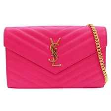 SAINT LAURENT Cassandre Envelope Chain Wallet Shoulder Bag Pink Calfskin Leather
