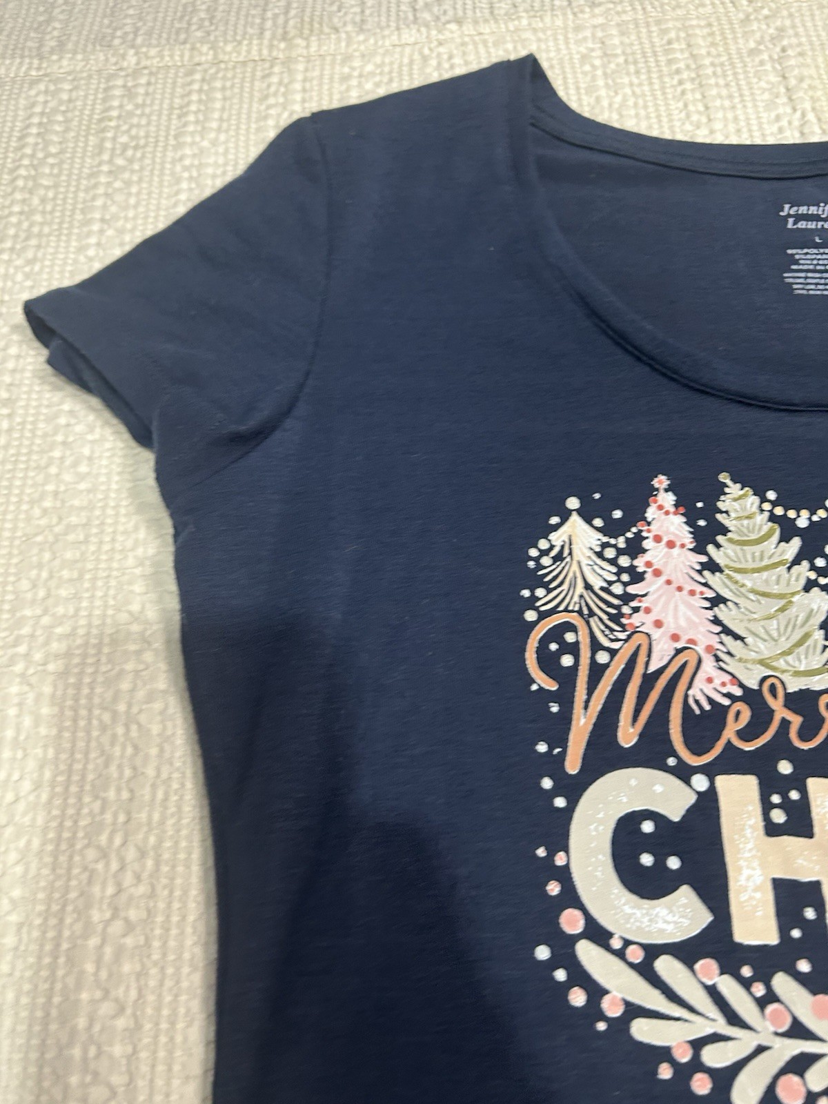 “Merry Christmas” Navy Blue Women’s Tunic Shirt Jennifer Lauren Size Large Pink