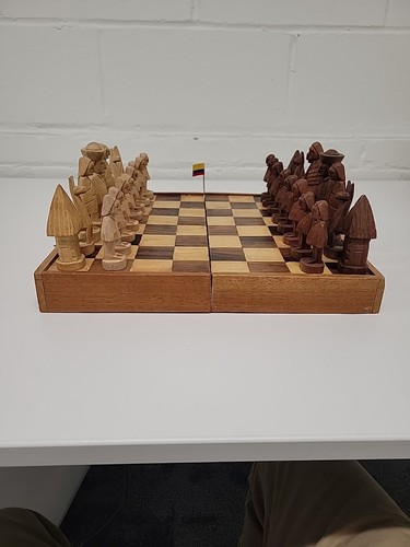 Handcarved Wooden Chess Set 1993 From Equador With Foldable Board - Picture 3 of 16