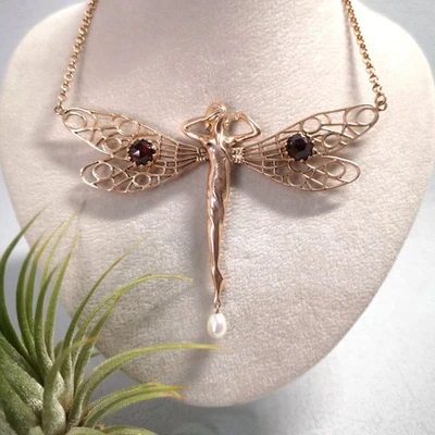 Jugendstil Granatschmuck Collier Granat Elfe Halskette Silber 925/- vergoldet - Bild 1 von 4