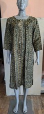 Patterned Olive Green And Gold Embroidered Kurta Tunic With Side Slits L/XL