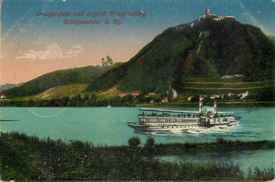 Drachenfels und Schloss Drachenburg Konigswinter Rhein Dampfschiff Ansichtskarte - Bild 1 von 2