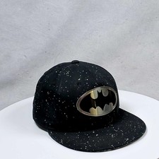 Mens Black Speckled Batman Metal Logo Flat Bill Snapback Baseball Cap Hat