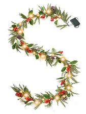 6ft 20 Christmas Garland with Holly Pines,Battery Operated Garland with Timer...