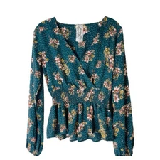 Sadie & Sage green tan pink floral dot peplum cottagecore boho top medium