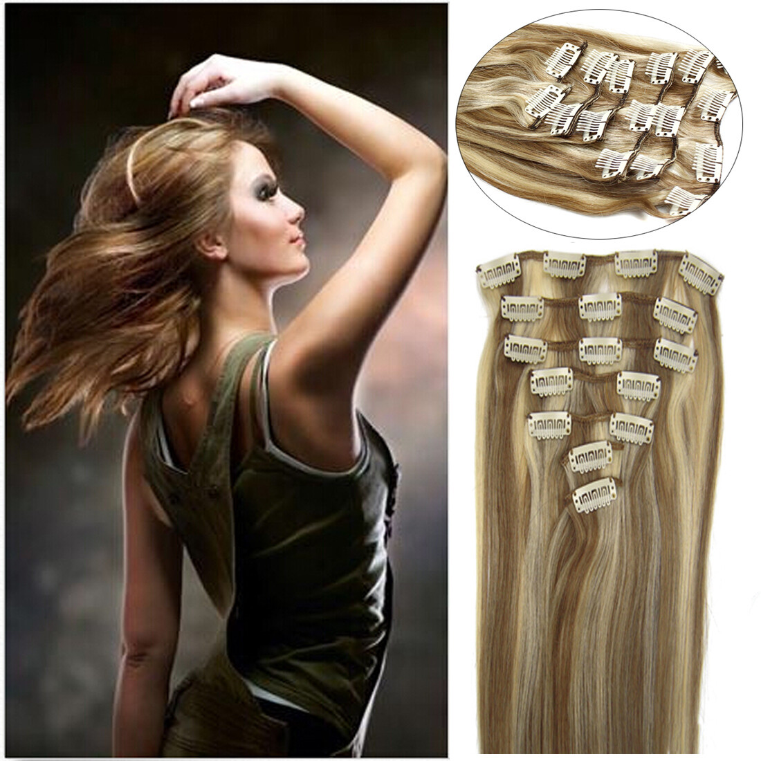100% Real Natural Clip in Hair Extensions Brazilian Remy Human Hair Straight 9A - Picture 13 of 56