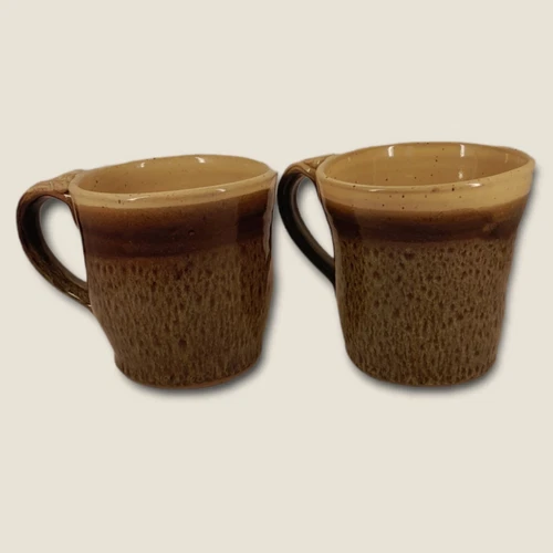 Vintage Studio Art Pottery Coffee Mug Set (2) Red Ware Olive Green Brown Cream