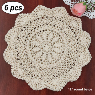 Creative Linens 6PCS 12'' Round Beige Cotton Crochet Lace Doily Handmade