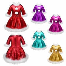 Kids Girls Christmas Dress Long Sleeves Jazz Modern Ice Skating Dancewear Dress