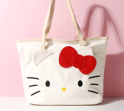 Hello Kitty Japan White Red Bow Classic Tote, Large Canvas Bag