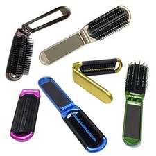 Folding Hair Brush With Mirror Compact Pocket Size Travel Car 2 Assorted Color