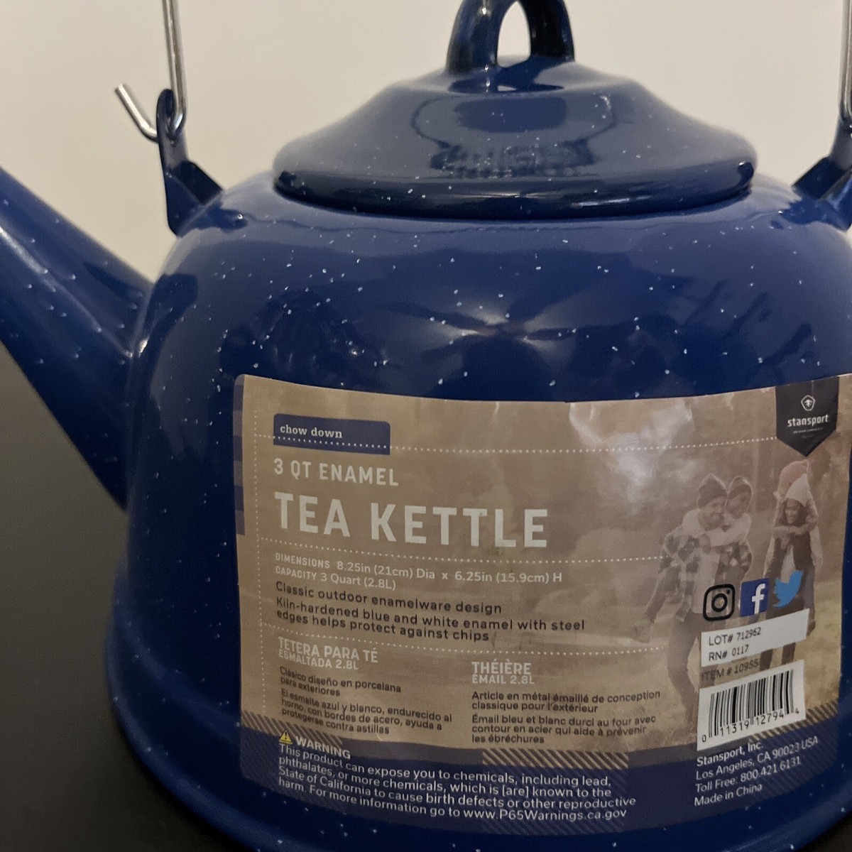 STANSPORT 10955 ENAMEL TEA KETTLE 3 QT STAINLESS STEEL CAMPING