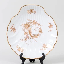Limoges France Porcelain Scallop Shell Shaped Dish Painted Gold Peacock 9.75"