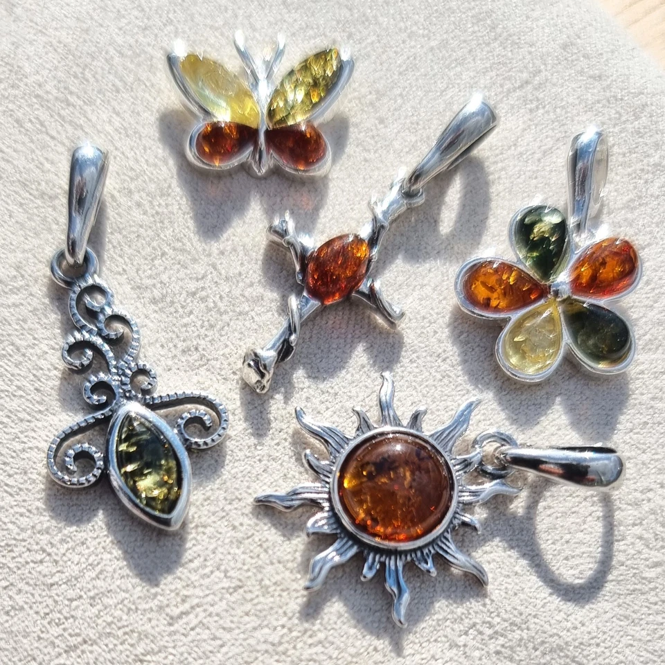 Lotto 5 Ambra Baltica & 925 Massiccio Sterling Argento Sterling Pendente - Immagine 4 di 4