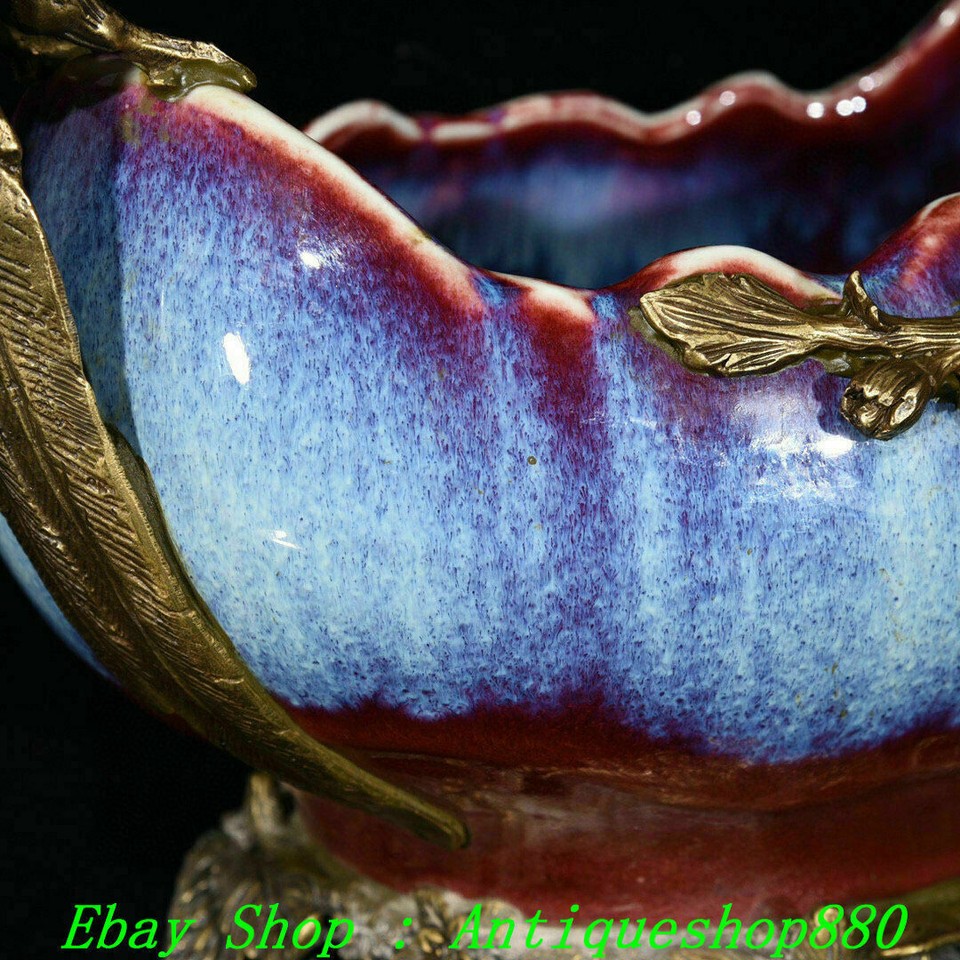 15"Old Qing Yongzheng Jun Kyin Porcelain Copper Bird Fruit Pen Dish