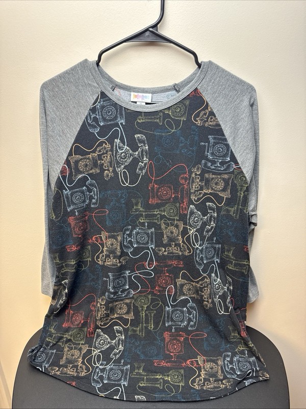 Lula Roe 3/4 Sleeve Raglan Shirt XL with  Telephone Print