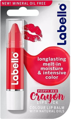 New Labello Poppy Red Crayon Lipstick - Colour Lip Balm with Natural Oils 3g