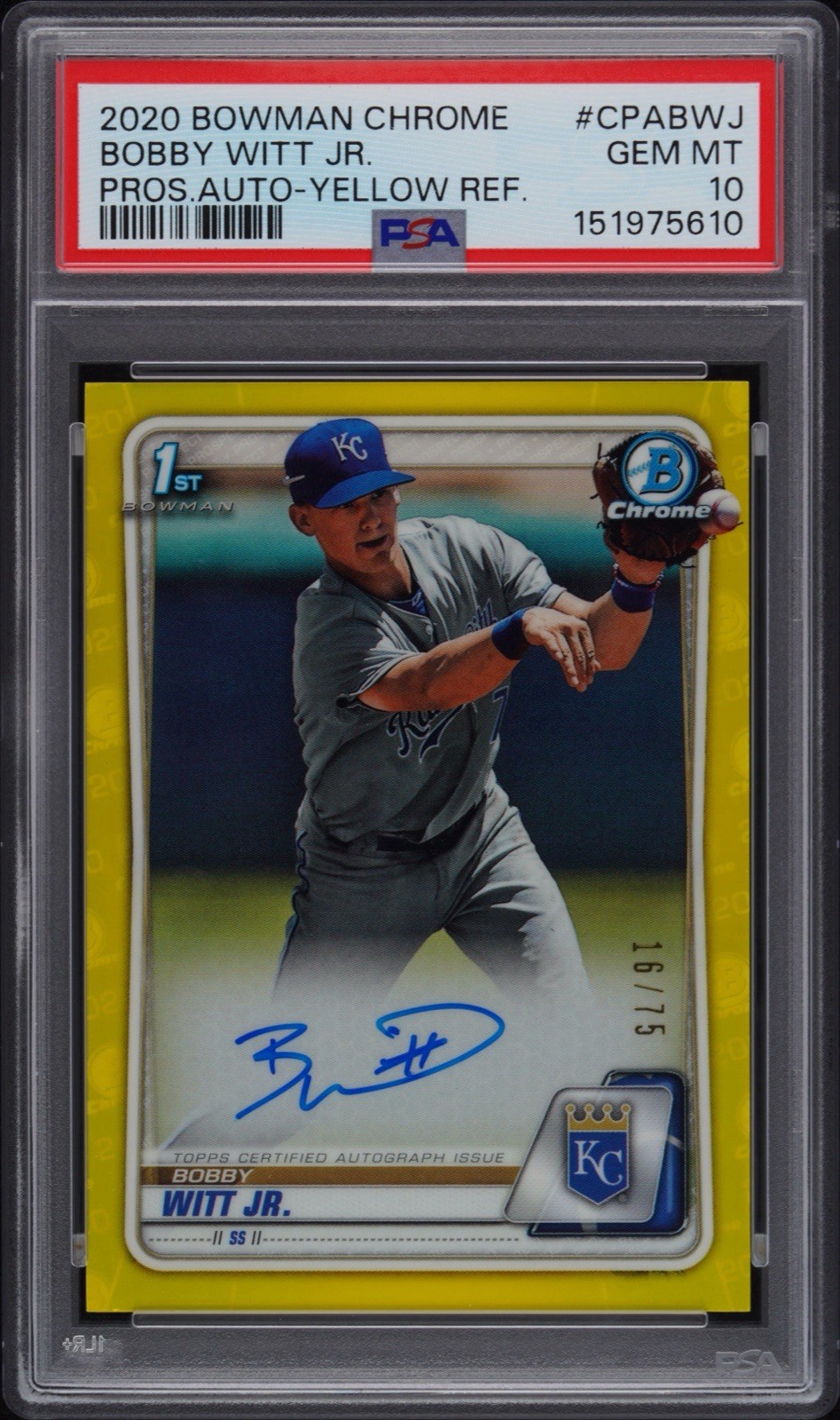 Bobby Witt Jr /75 Rookie Auto Yellow 1st Bowman PSA 10 2020 Bowman Chrome RC