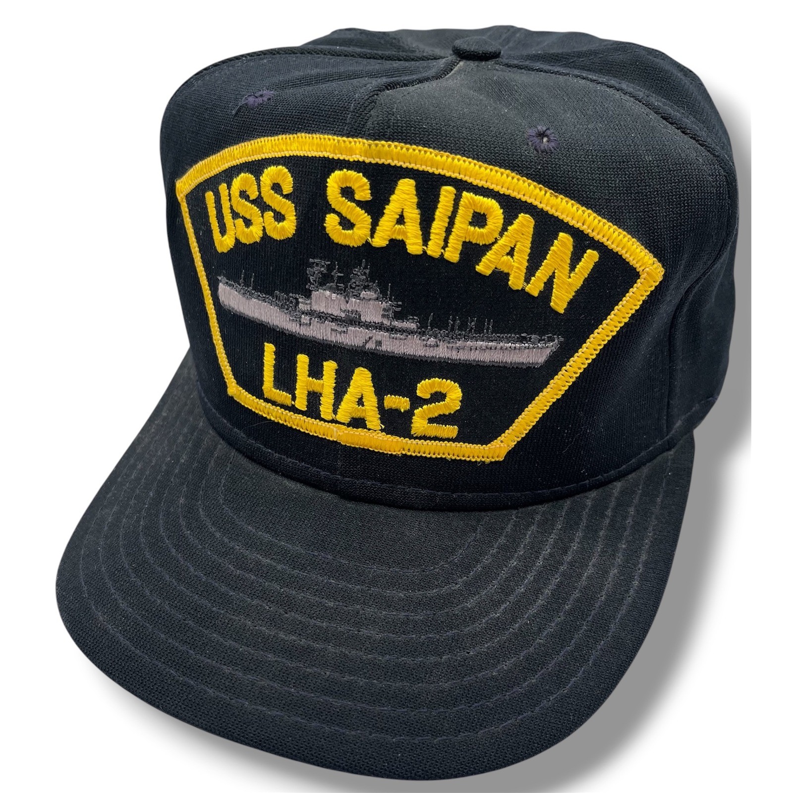 Vintage USS Saipan LHA-2 Navy Ship Snapback Hat Black Yellow Patch Mens Cap