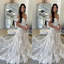 Gorgeous Wedding Dresses Off Shoulder Lace Appliques Sweep Train Bridal Gowns