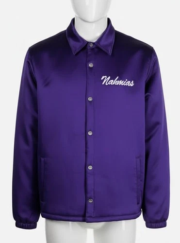 NAHMIAS Men's Purple Miracle Academy Embroidered Silk Coach Jacket Size M video thumbnail