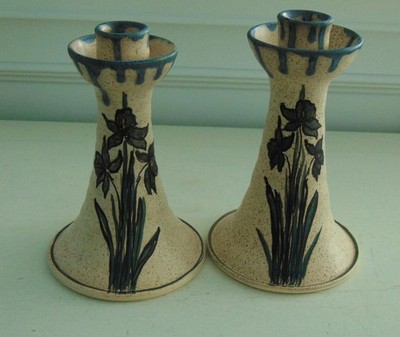 Pair of Signed 2000 Studio Art Pottery ''Iris'' 8'' & 7 1/2'' Taper Candle Holders