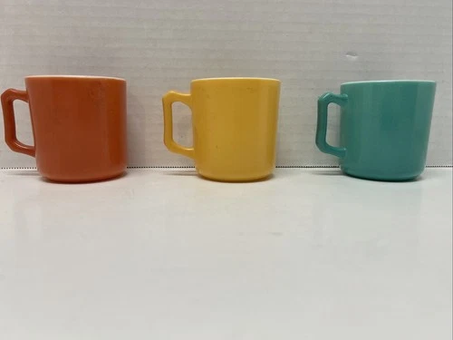Lot Of 3 VTG Hazel Atlas D Handle Coffee Mugs/Cups Pastel Orange Yellow Turquois